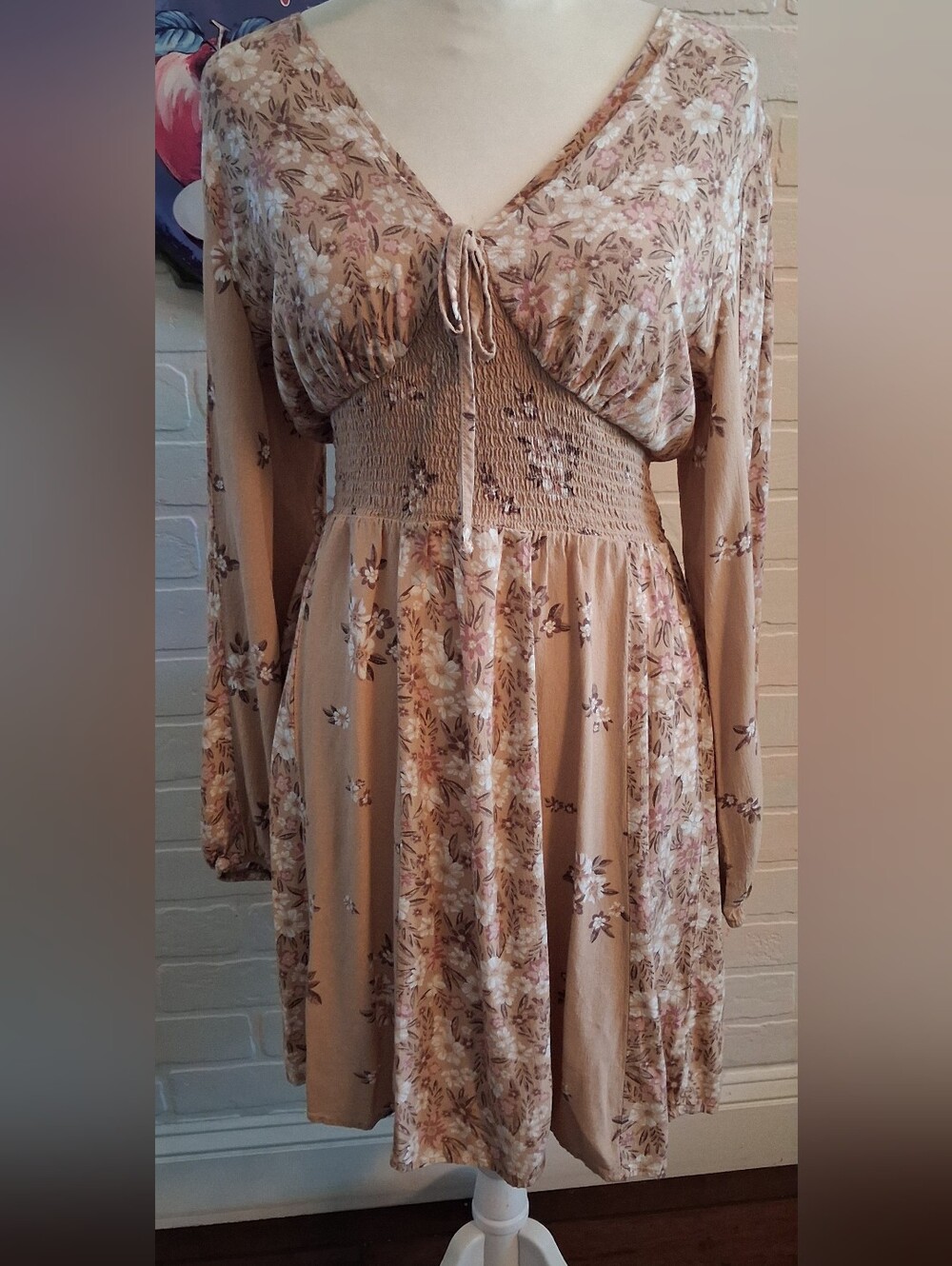 Light Brown And Dusty Rose Floral Midi Dress